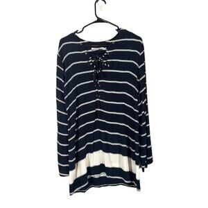Faithfull the brand Navy Blue Striped Lace Up Long Sleeve Shirt Women Sz M
